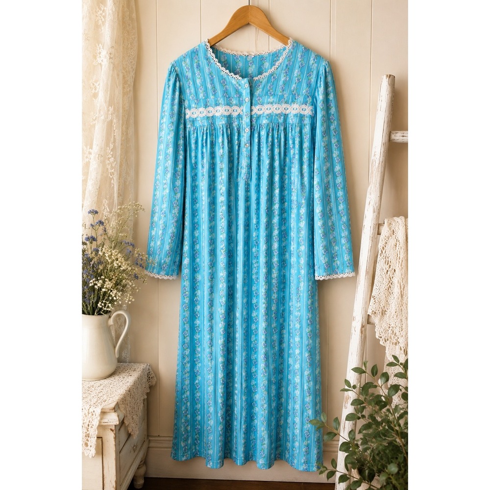 Jasmine Rose XL Blue Floral Brushed Flannel Feel Lace Grandmacore Nightgown